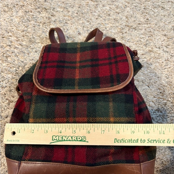 L.L. Bean Vintage Red and Green Plaid Backpack with Brown Leather - Picture 2 of 14